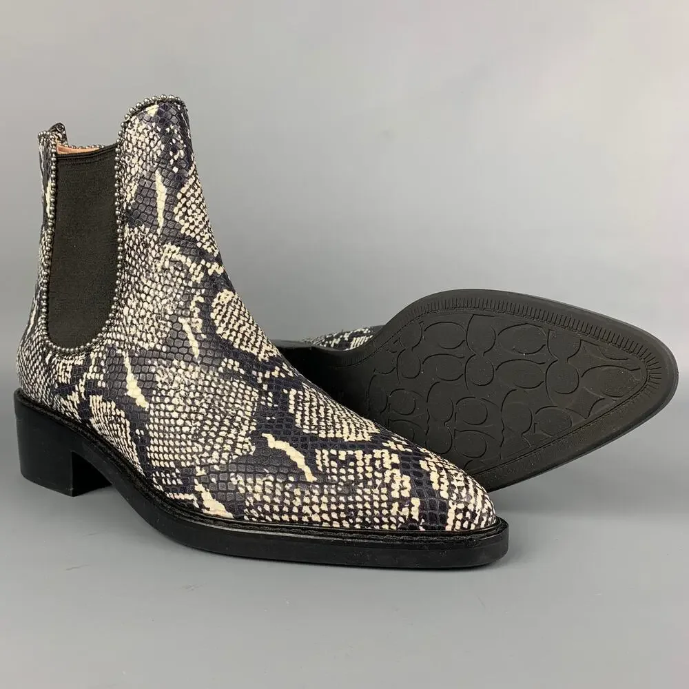 COACH Size 11 Black & White Embossed Faux Snake Leather Boots
